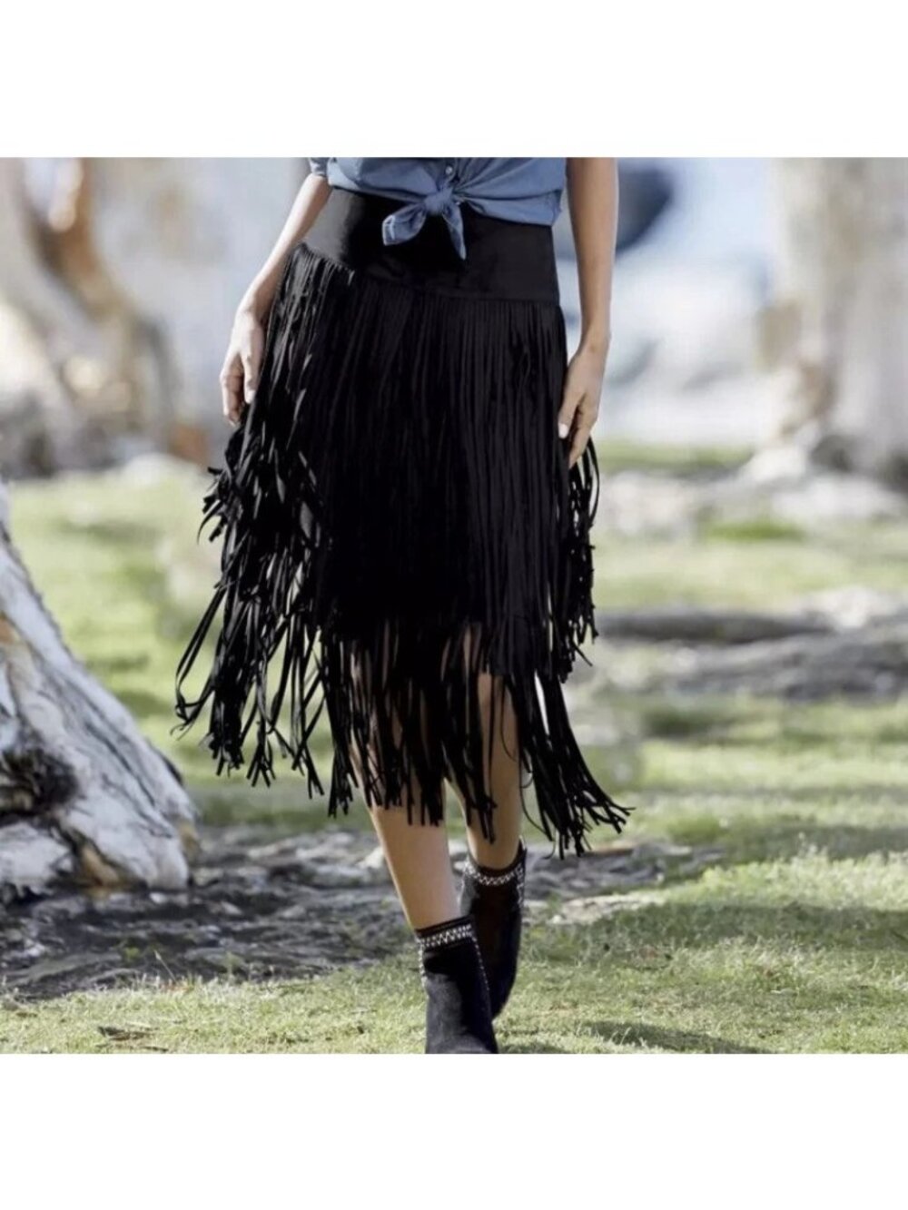Monroe & Main Black Faux Suede Fringe Midi Skirt 10 Back Zipper RODEO Western